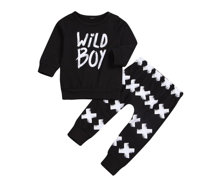 Black Letter Print Long Sleeve Two Piece Set