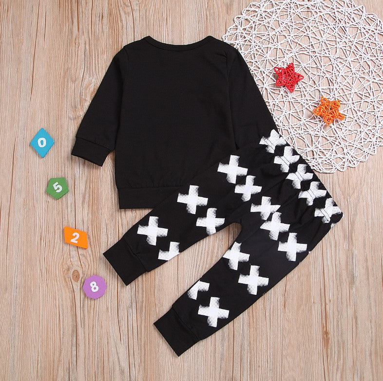 Black Letter Print Long Sleeve Two Piece Set