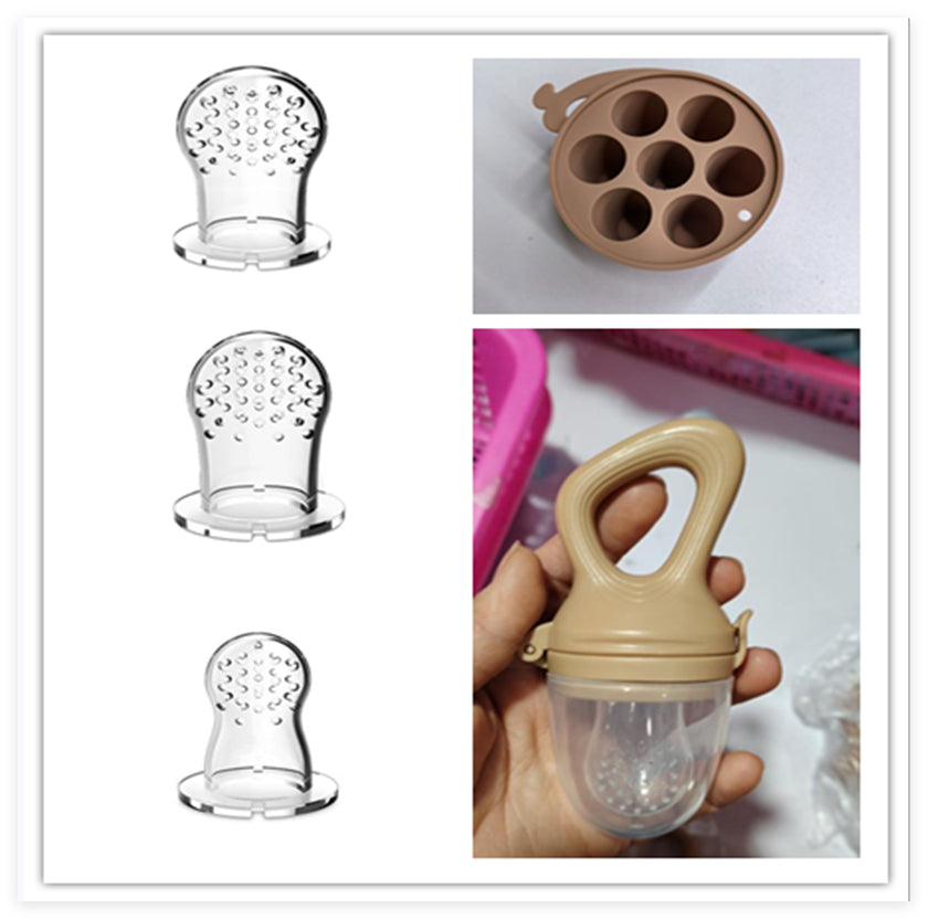 Beige baby food feeder held in a hand, with three silicone nipples and an interior close-up