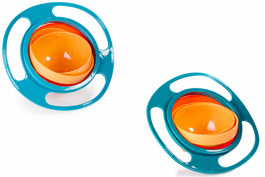 Blue and green rotating snack bowls with orange inner bowls on a white background