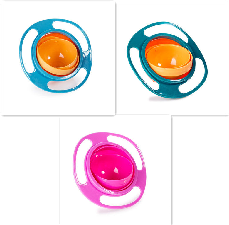 Blue, green and pink rotating snack bowls on a white background