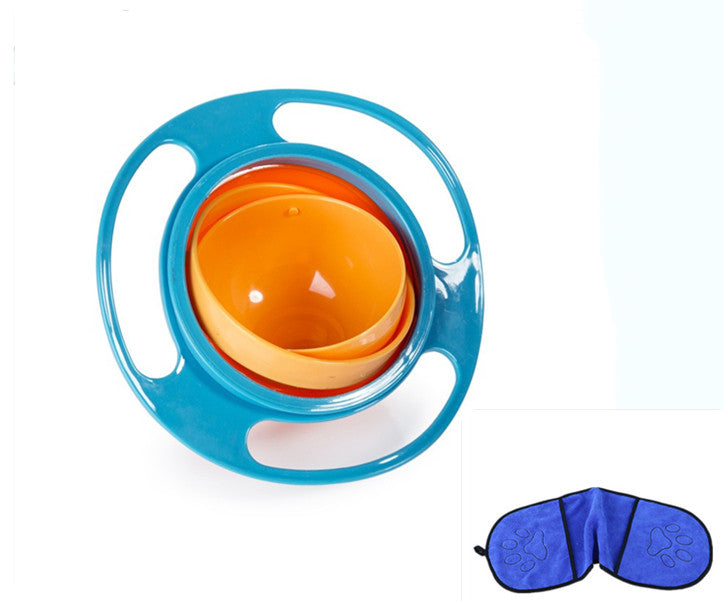 Blue rotating snack bowl with an orange inner bowl and a blue Towel