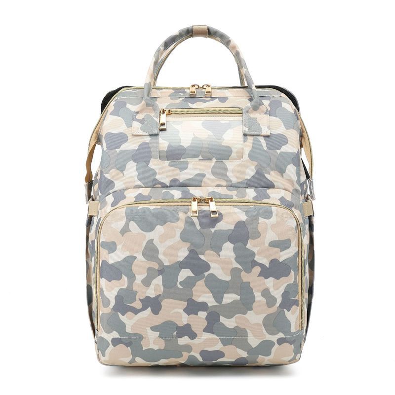 Camouflage-print diaper backpack with top handles and two zippered front pockets