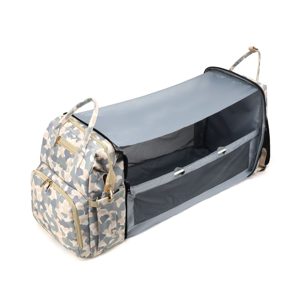 Camouflage diaper backpack unfolded into a long compartment with mesh sides and a raised cover