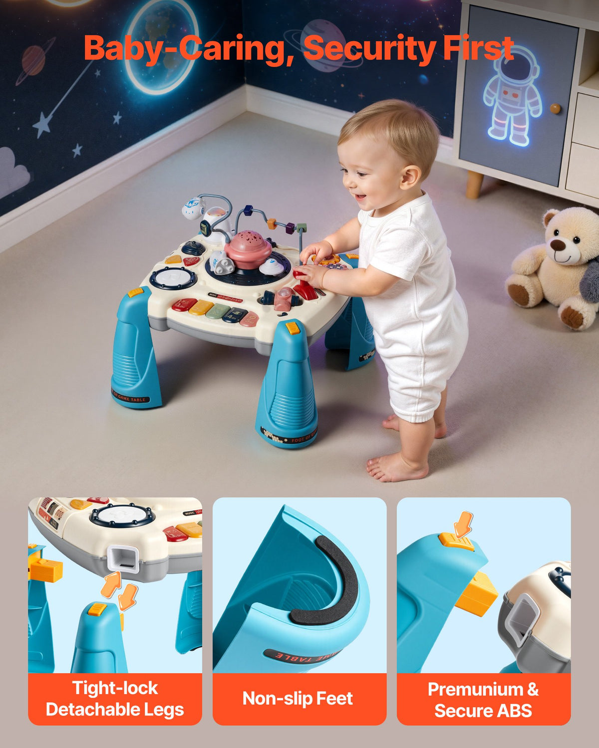 Child standing at a space-themed activity table, with close-ups of detachable legs and foot pads