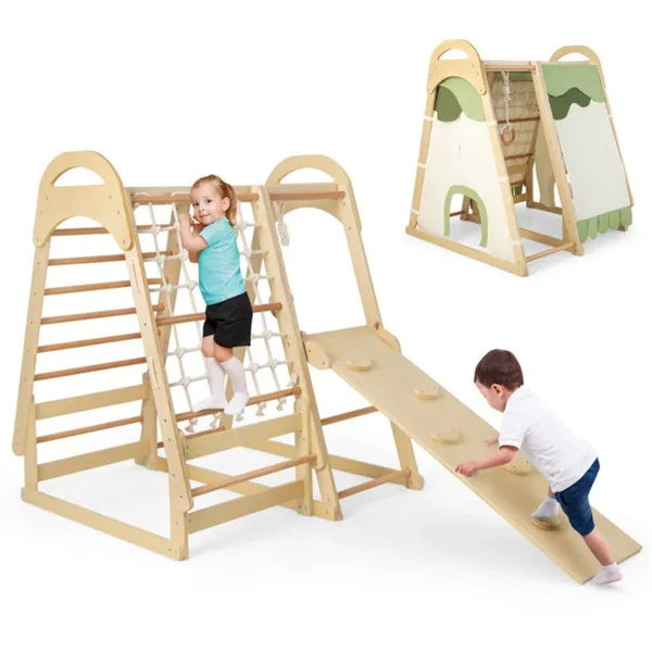 Children using a wooden climbing gym with a rope net and ramp, with an inset showing the fabric-covered setup