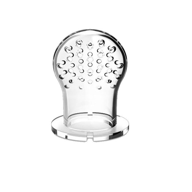 Clear perforated silicone food feeder nipple with a round mounting base on a white background