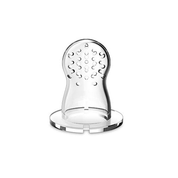 Clear perforated silicone replacement nipple for a baby food feeder on a white background