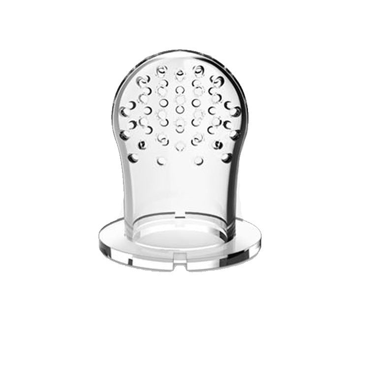 Clear silicone food feeder nipple showing its perforated tip and circular base