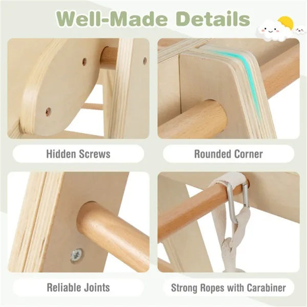 Close-ups of wooden gym joints, rounded corners, recessed screws and a rope attachment with carabiner