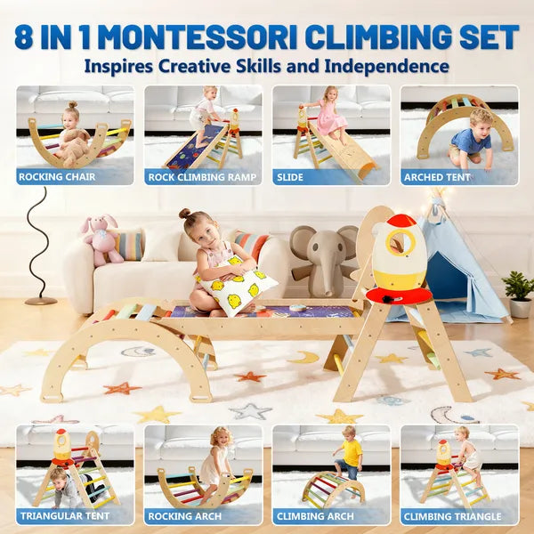 Collage showing a wooden climbing set arranged as a slide, rocking arch, climbing ramp and crawl-through structure