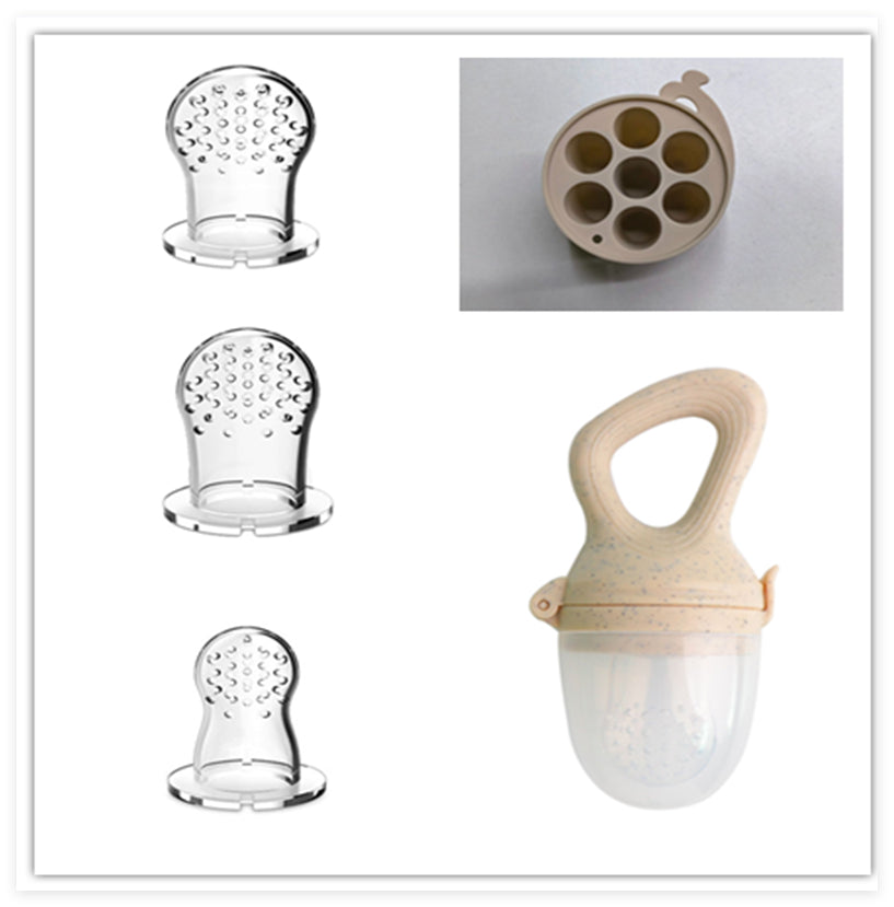 Cream baby food feeder with three silicone nipples and a close-up of the open interior
