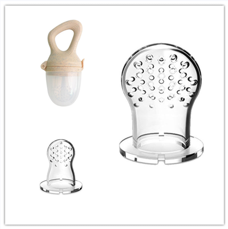 Cream baby food feeder pictured with two clear perforated silicone nipples