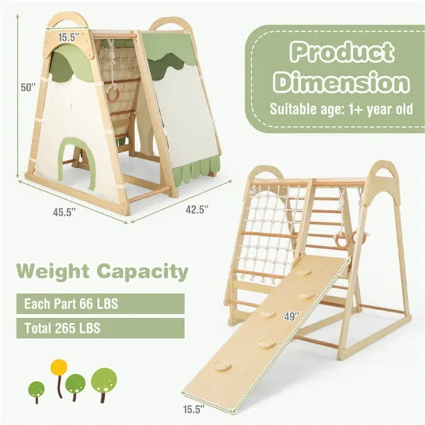 Dimension diagram of a wooden climbing gym, fabric cover and reversible climbing ramp
