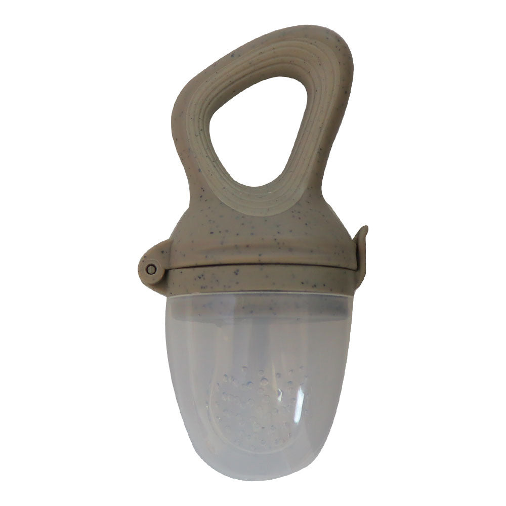 Gray baby food feeder with a loop handle and clear protective cap on a white background