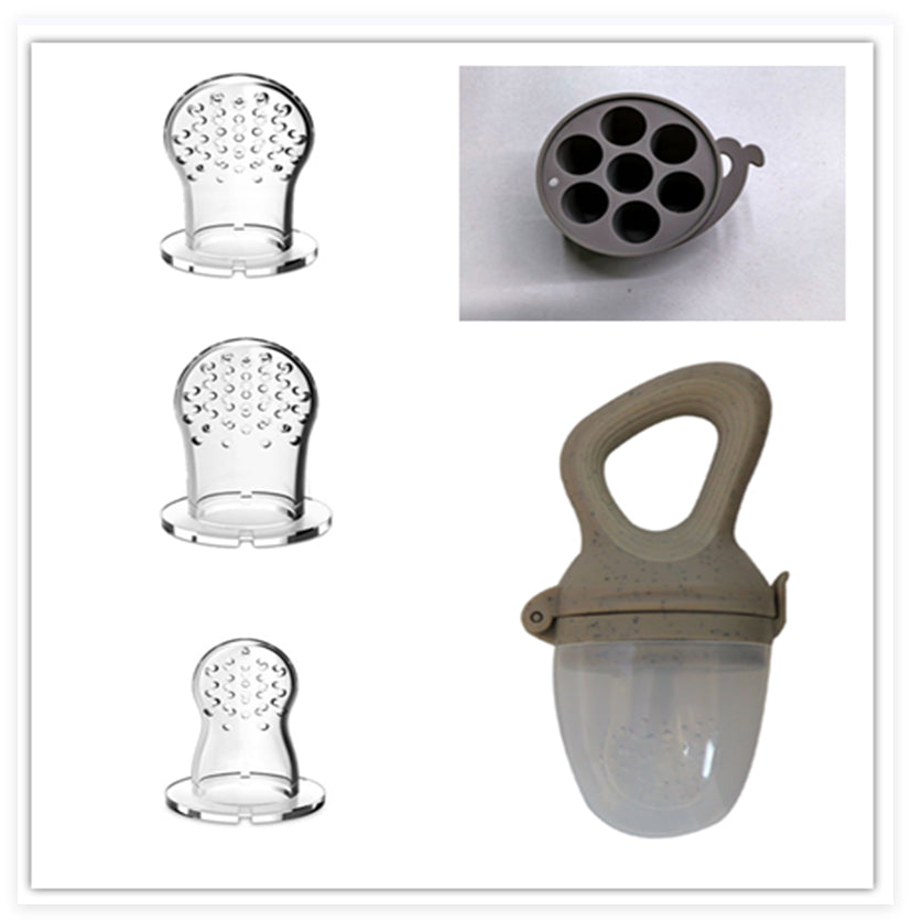 Gray baby food feeder with three silicone nipples and a close-up of the open interior