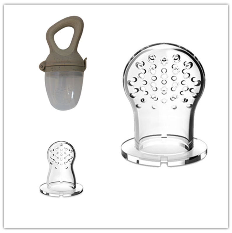 Gray baby food feeder pictured with two clear perforated silicone nipples