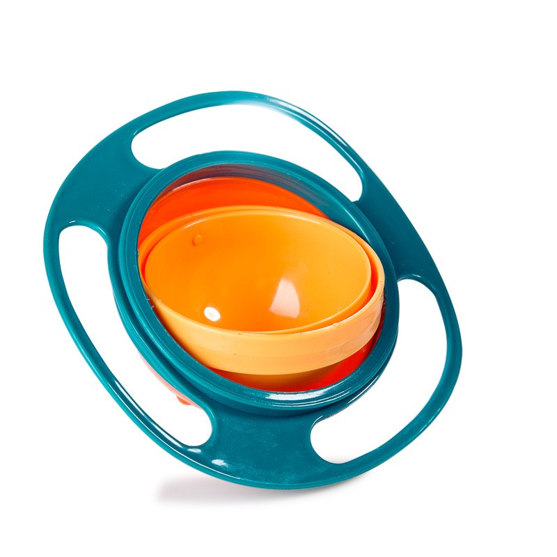 Green rotating snack bowl with an orange inner bowl and three grip openings