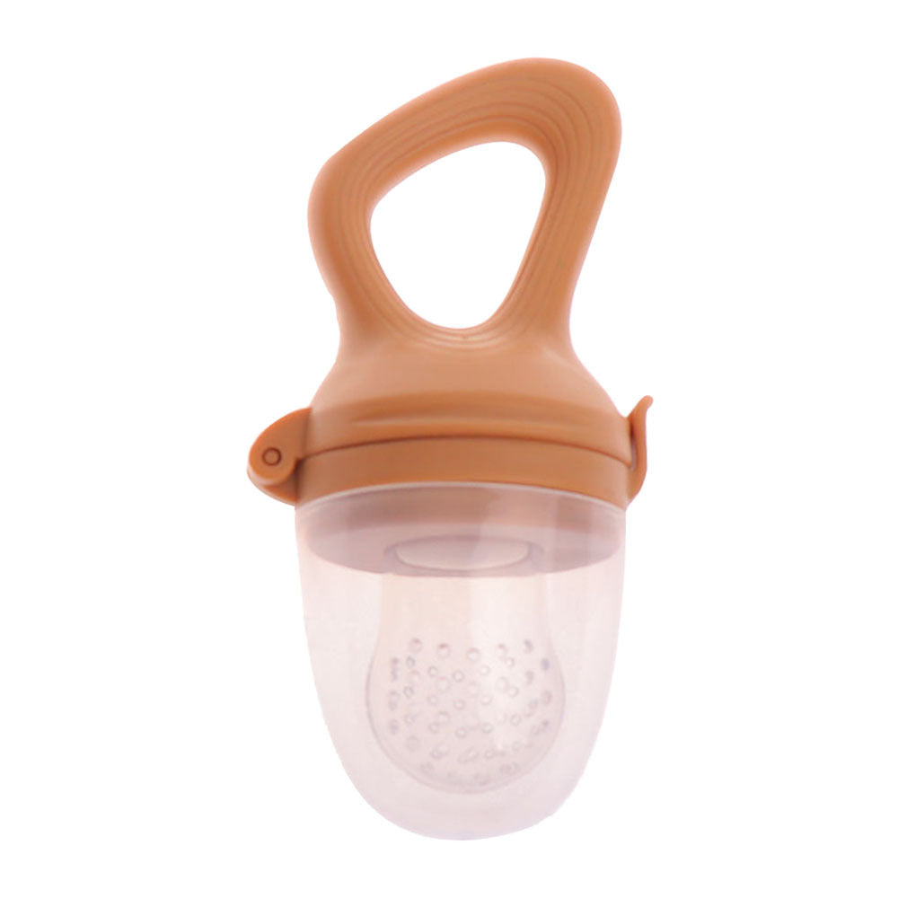 Peach baby food feeder with a loop handle and clear protective cap on a white background