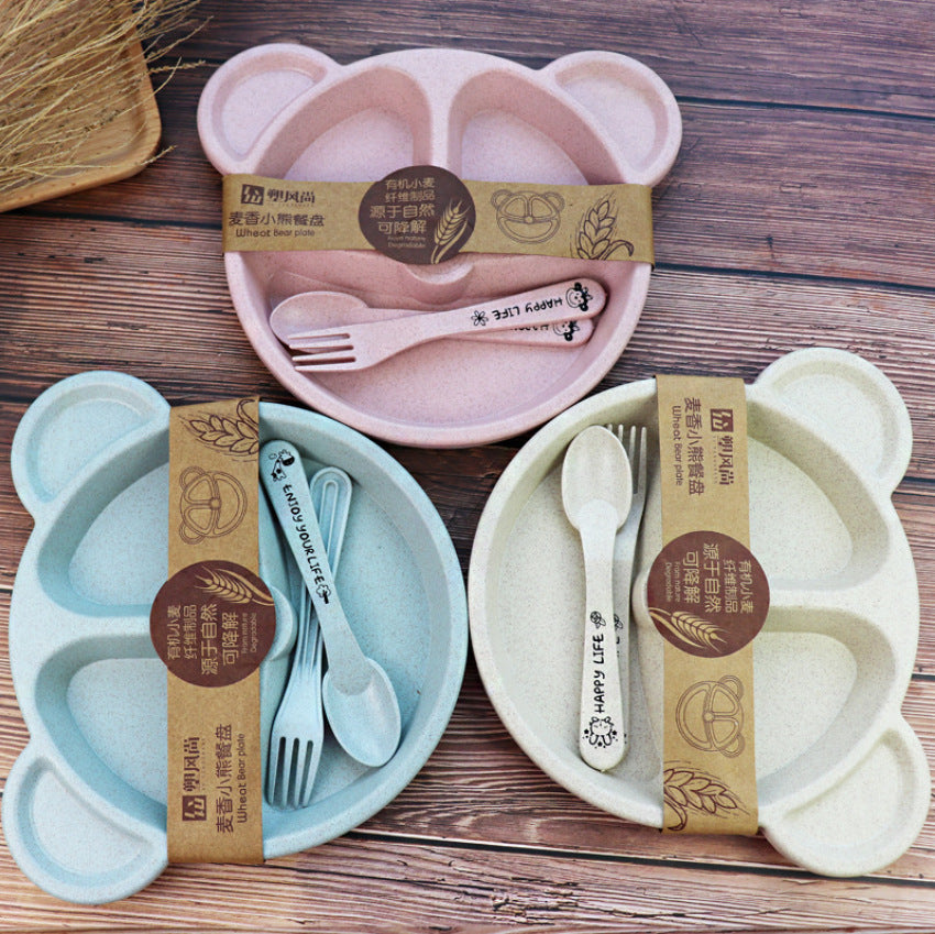 Pink, blue and beige bear-shaped divided plate sets with paper packaging bands and matching cutlery