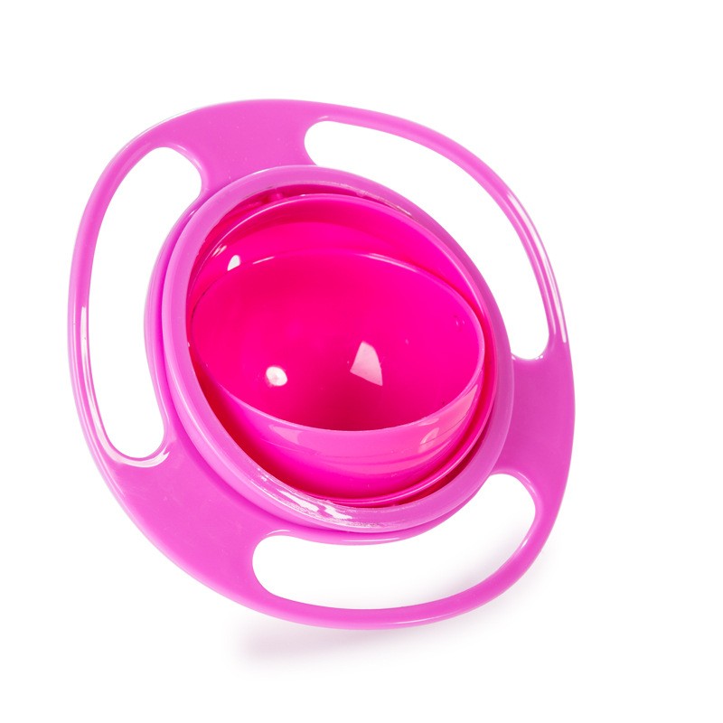 Pink rotating snack bowl with three grip openings on a white background