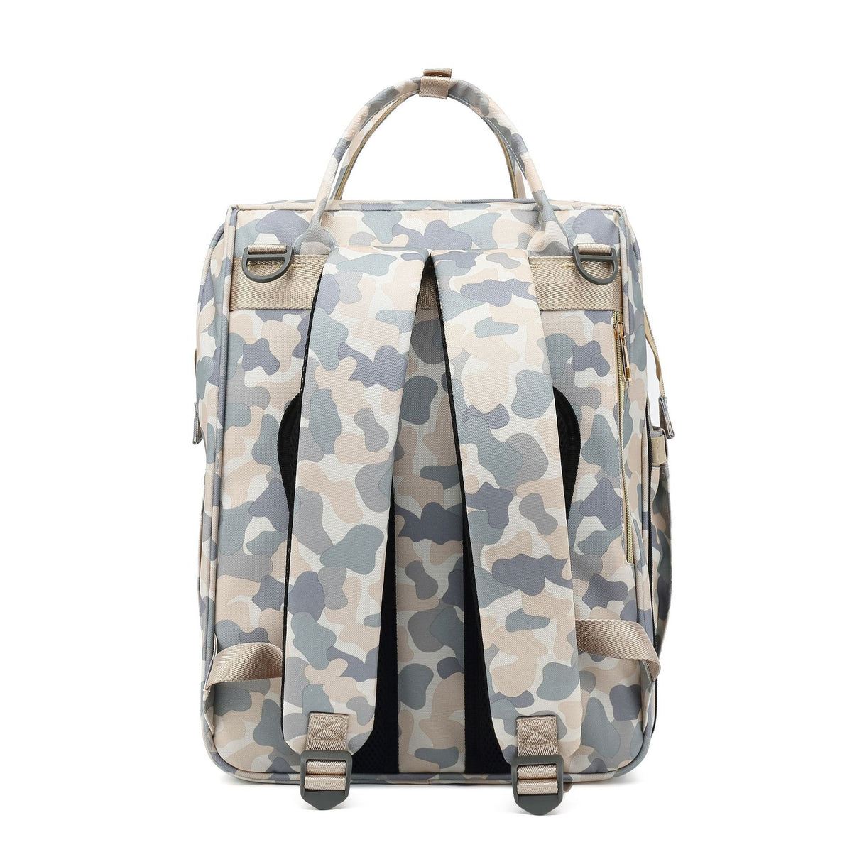 Rear view of a camouflage diaper backpack with padded adjustable shoulder straps