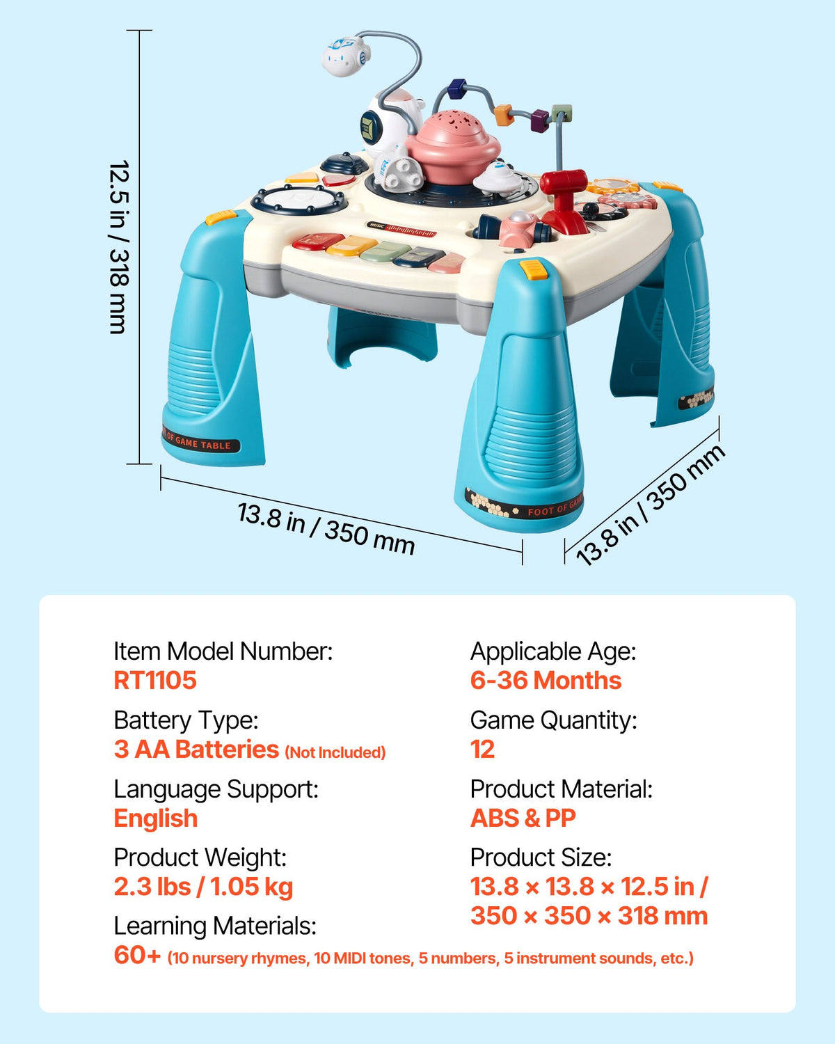 Space-themed baby activity table with turquoise legs, shown with dimensions and a product specification panel