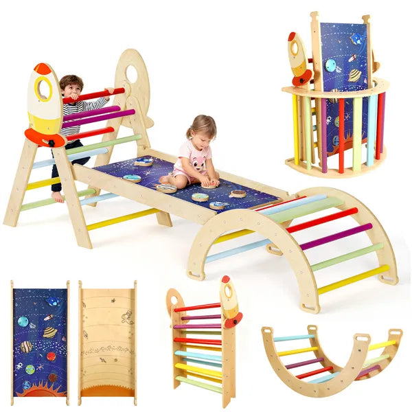 Space-themed wooden climbing set with colorful rungs, a reversible ramp and an arch, shown in multiple arrangements. Indoor/Outdoor playgrounds for Kids