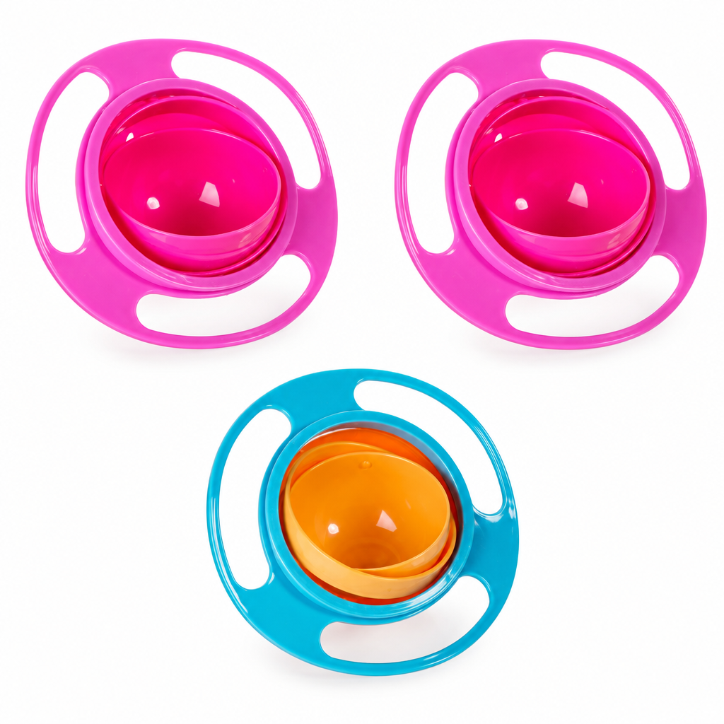 Three rotating snack bowls: two pink and one blue