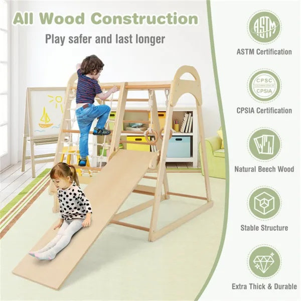 Two children playing on a wooden climbing gym with a ladder and slide, beside a construction feature panel