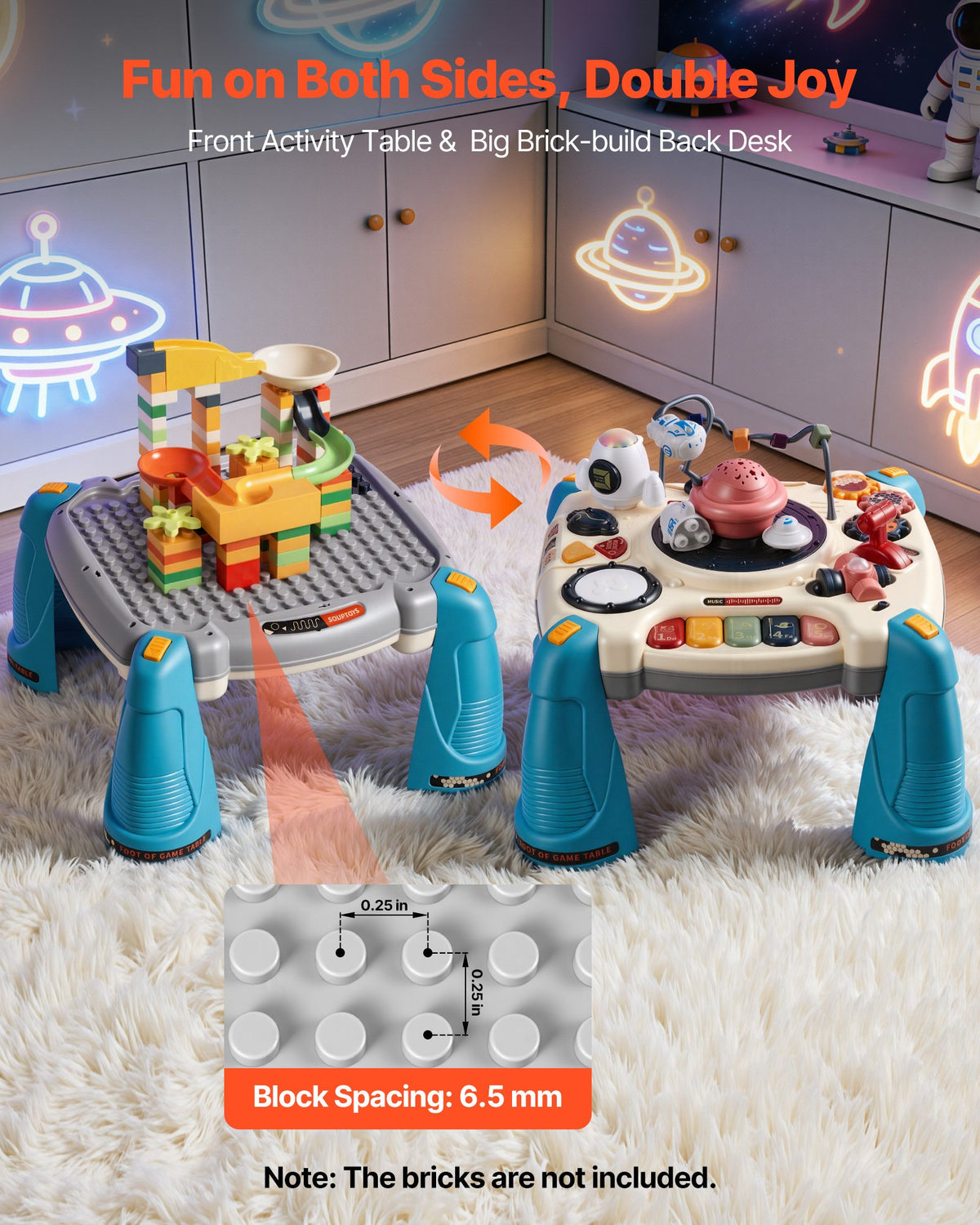 Two sides of a baby activity table: a building-block surface and a space-themed musical play surface