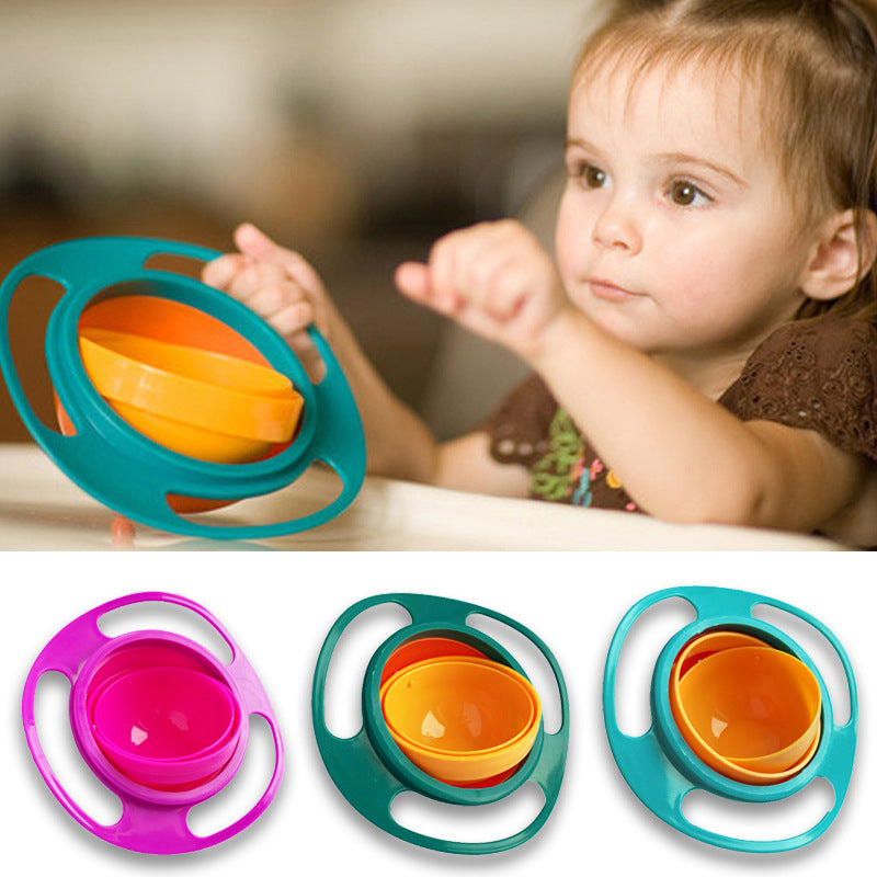 Child holding a green rotating snack bowl, with pink, green and blue bowls shown below