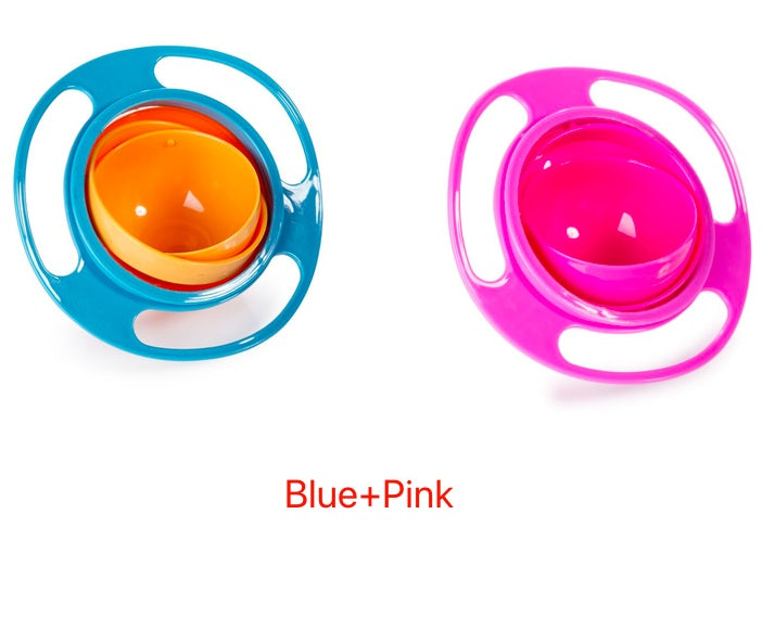 Blue and pink rotating snack bowls shown side by side