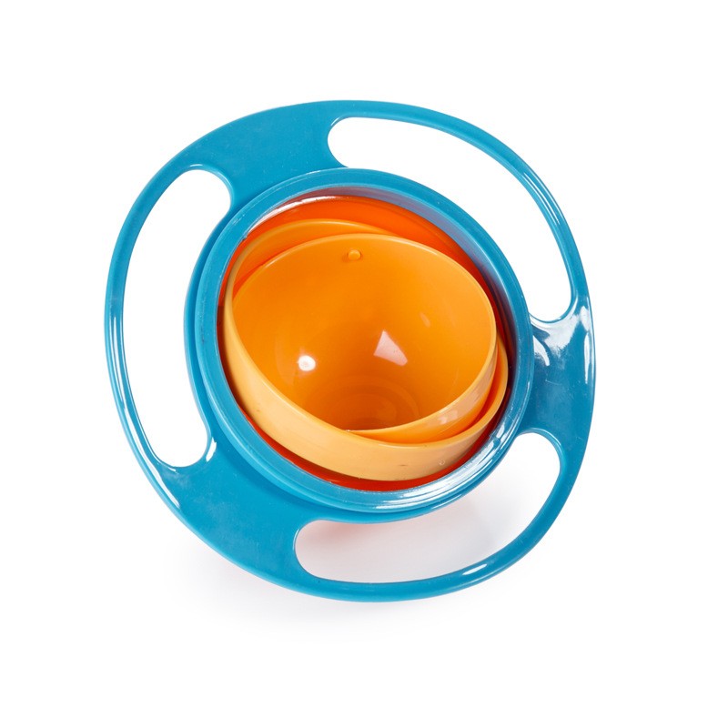 Blue rotating snack bowl with an orange inner bowl and three grip openings