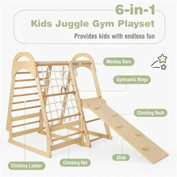 Wooden climbing gym with labeled ladder, rope net, overhead bars, gymnastic rings and reversible ramp