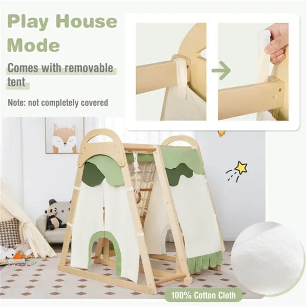 Wooden climbing gym in fabric-covered playhouse mode, with close-ups of the removable cover attachments