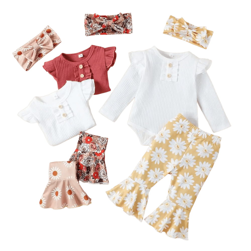 Charming baby girl suit solid color rib fabric romper with ruffled sleeves and daisy pants
