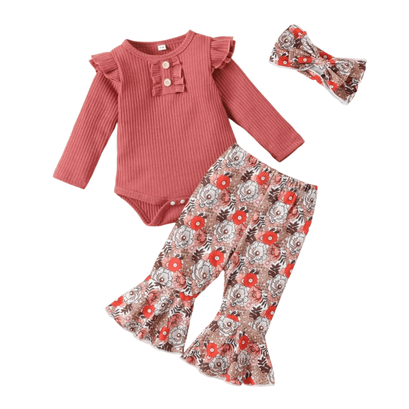 Rust-colored rib fabric romper with ruffled sleeves and buttons