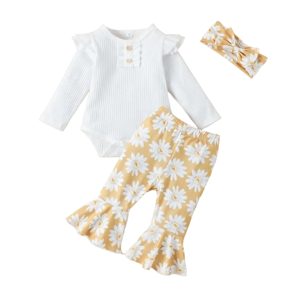 White ribbed suit solid color bodysuit with ruffled sleeves and gold buttons
