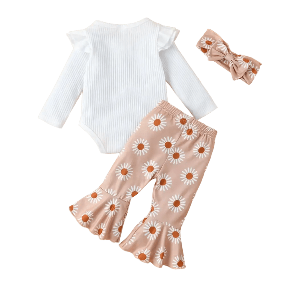 Soft beige rib fabric romper with daisy pattern and flared pants