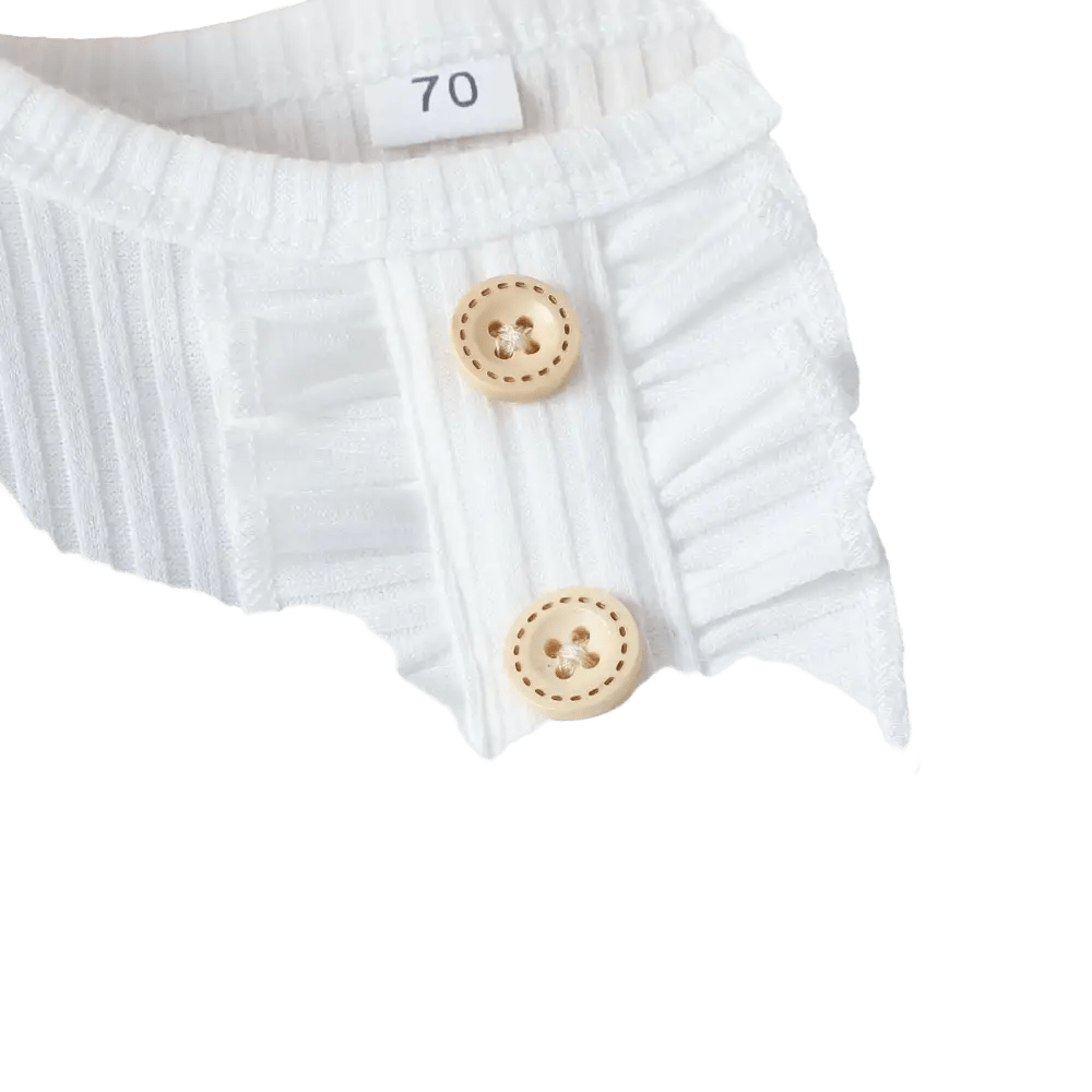 White ribbed knit suit solid color top with ruffled front and wood buttons