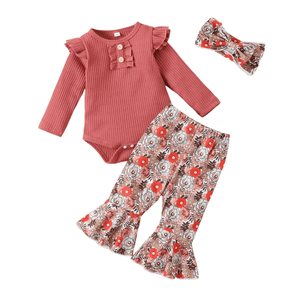 Rust rib fabric romper with ruffled sleeves and neck buttons