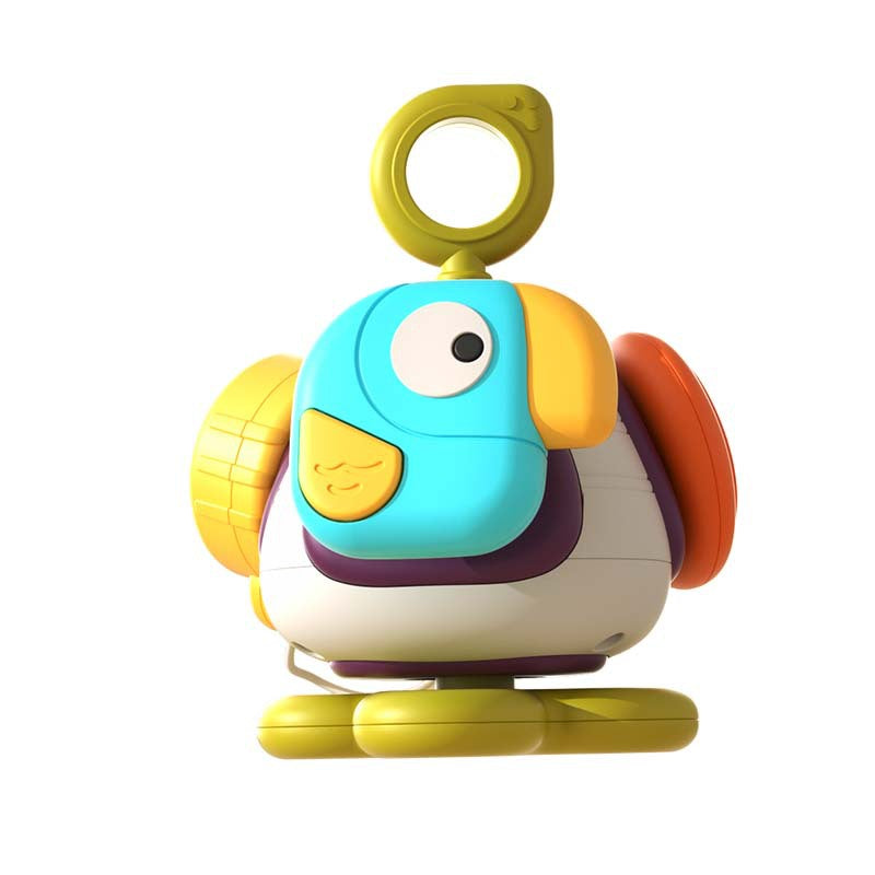 Baby activity ball with a blue bird, green ring handle and colorful side pieces on a white background