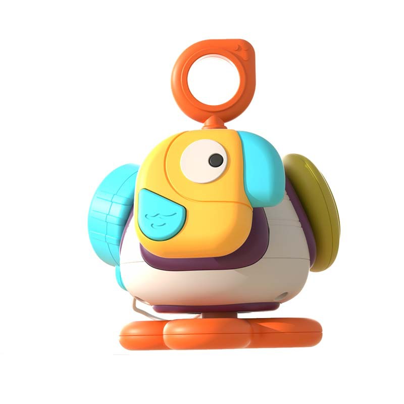 Baby activity ball with a yellow bird, orange ring handle and colorful side pieces on a white background