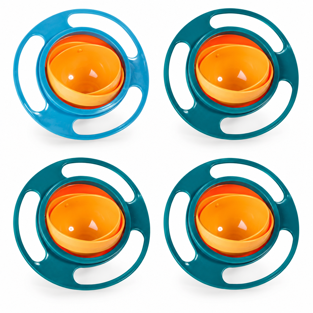 Four rotating snack bowls: one blue and three green