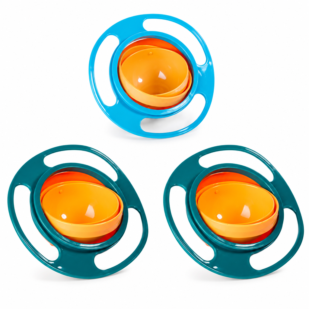 Three rotating snack bowls: one blue and two green