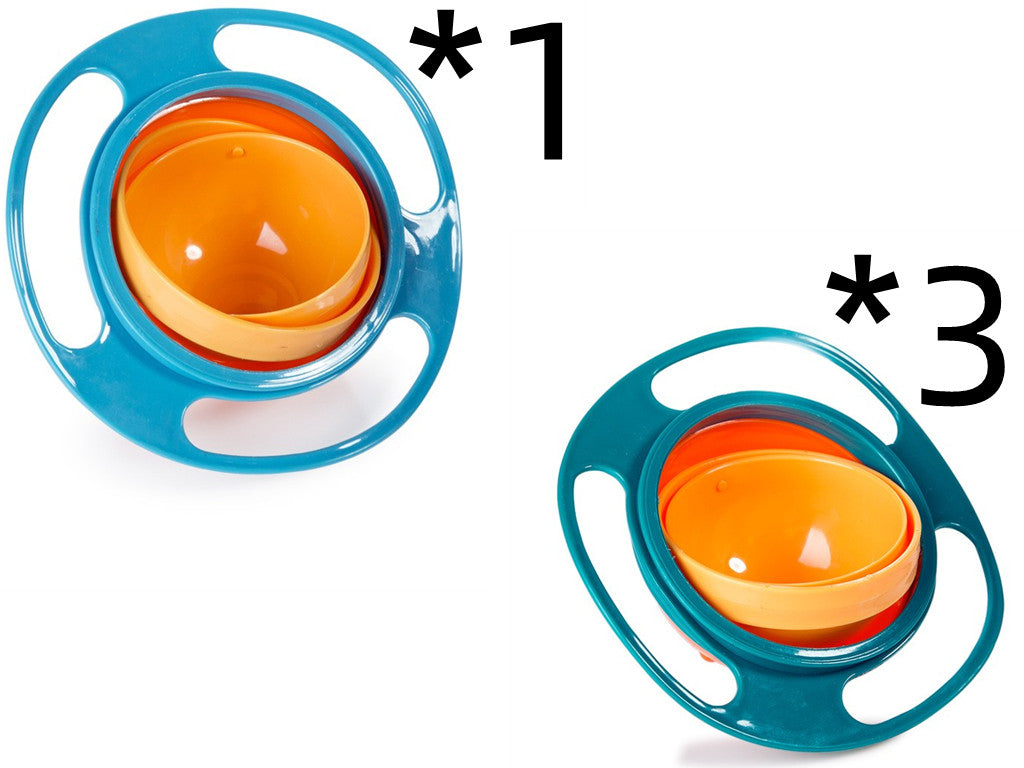 Blue and green rotating snack bowls labeled as one blue bowl and three green bowls