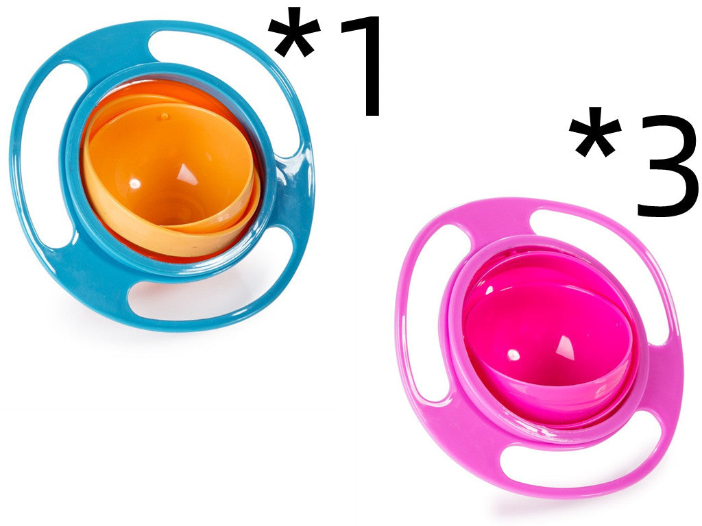 Blue and pink rotating snack bowls labeled as one blue bowl and three pink bowls