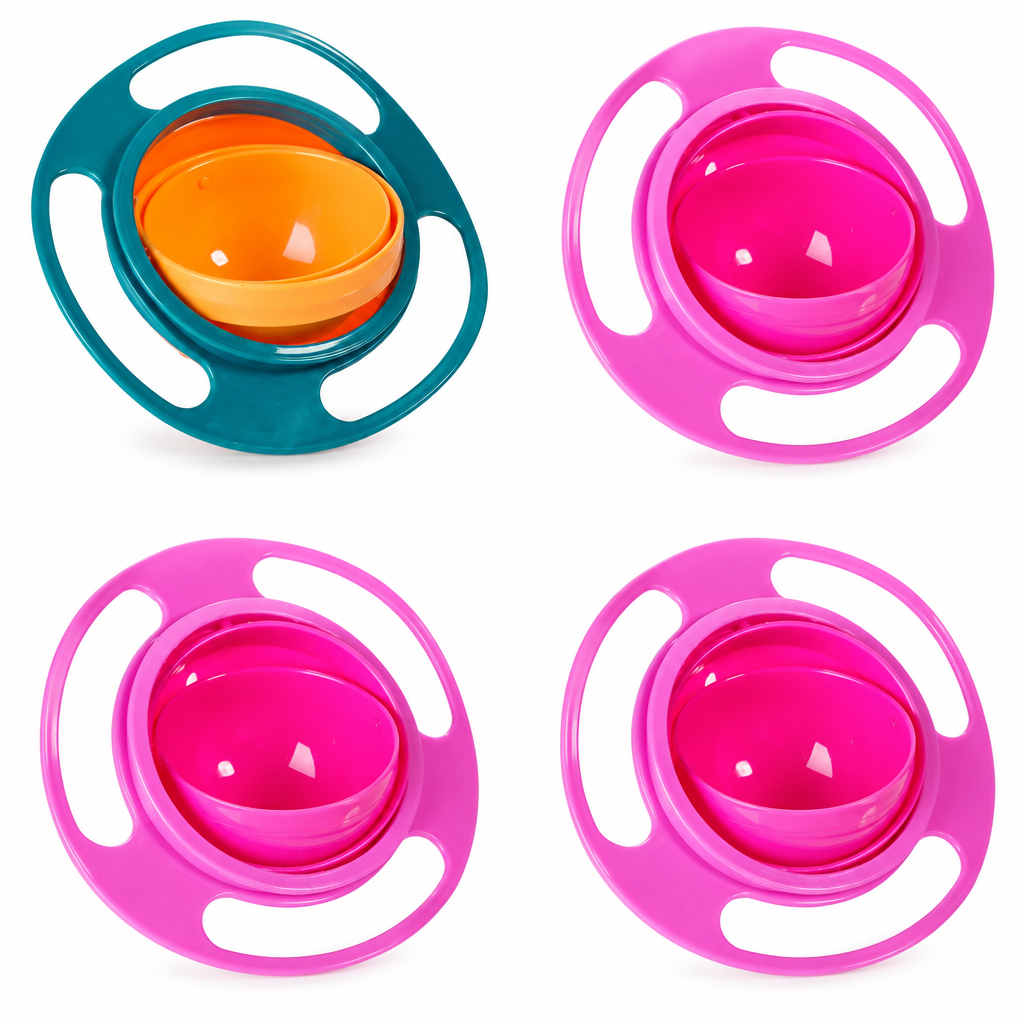 Four rotating snack bowls: one green and three pink