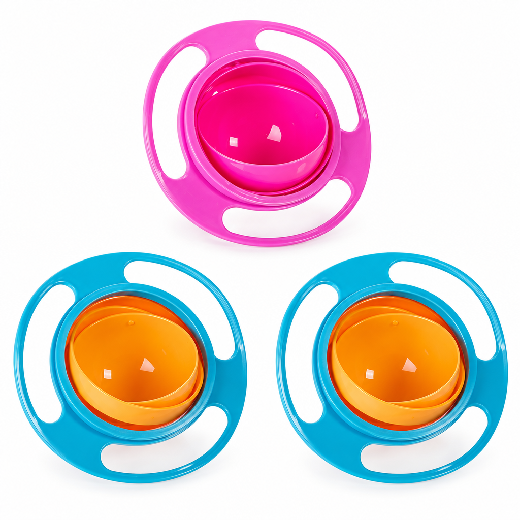 Three rotating snack bowls: one pink and two blue